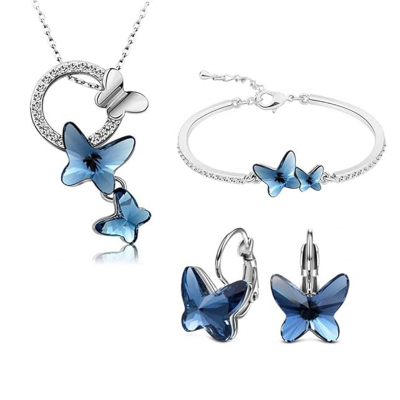 Platinum Plated Crystal Butterfly Earrings Chain Pendant Necklace Combo Jewellery Set for Women and Girls