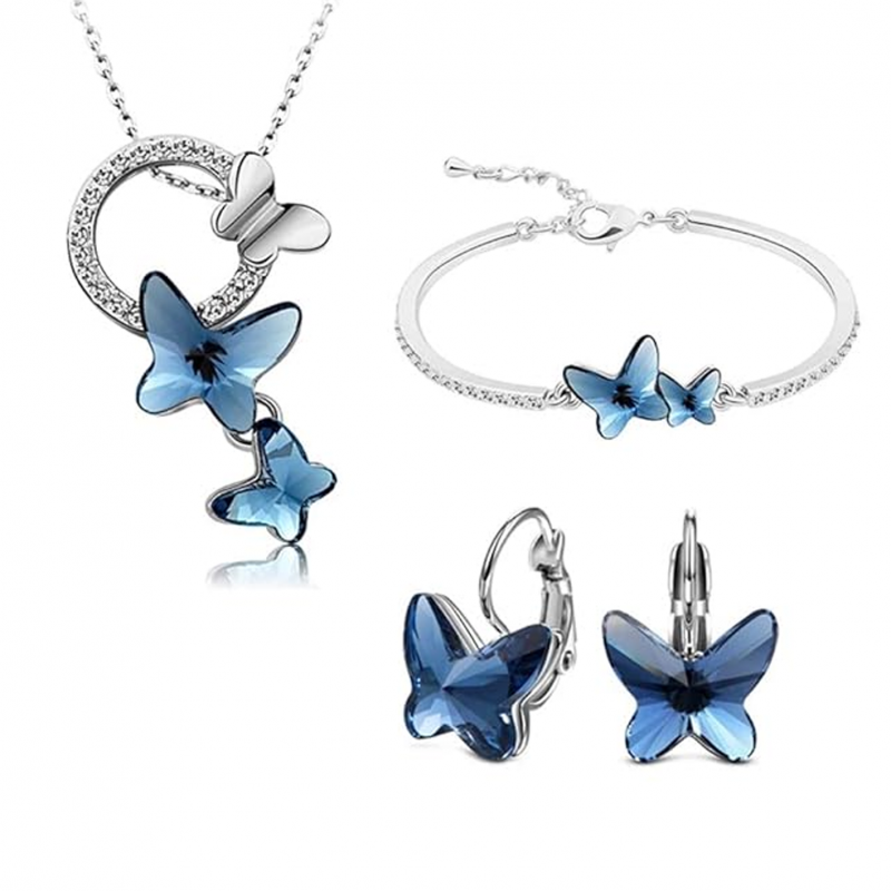Platinum Plated Crystal Butterfly Earrings Chain Pendant Necklace Combo Jewellery Set for Women and Girls