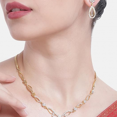 American Diamond Rose Gold Plated Love Shaped Pendant Necklace Set with Chain & Stud Earring for Girls and Women