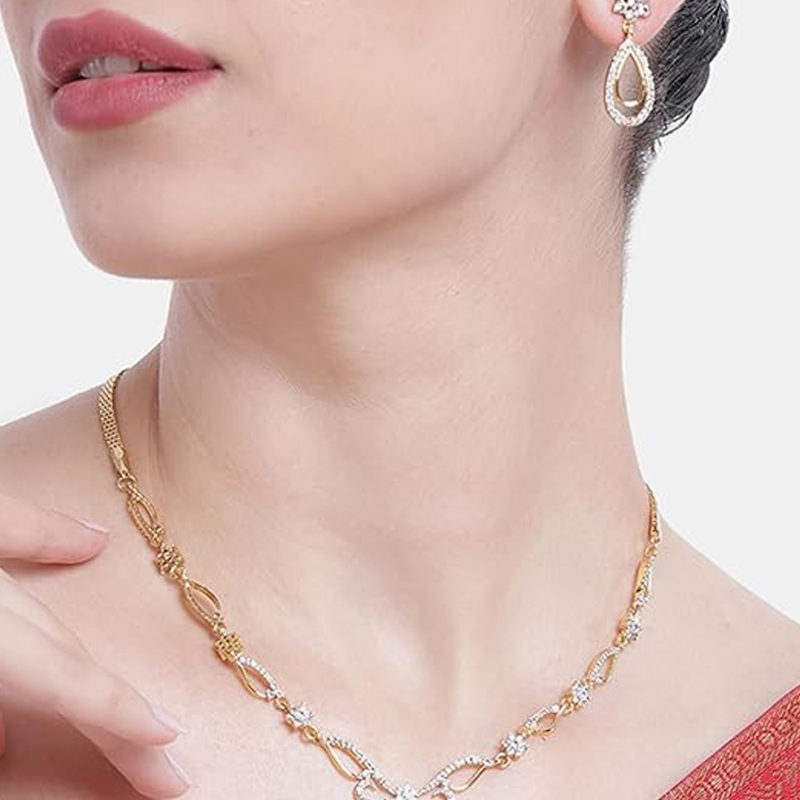 American Diamond Rose Gold Plated Love Shaped Pendant Necklace Set with Chain & Stud Earring for Girls and Women