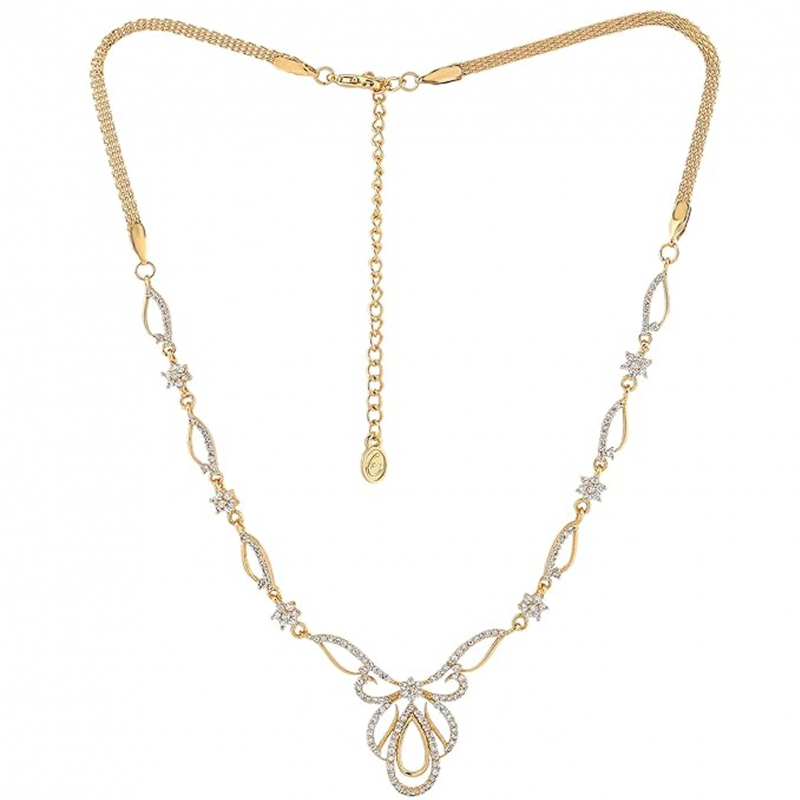 American Diamond Rose Gold Plated Love Shaped Pendant Necklace Set with Chain & Stud Earring for Girls and Women