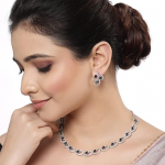 Rhodium-Plated with Silver-Toned White Cubic Zirconia & American Diamond studded Necklace and Drop Earrings Jewellery Set for women