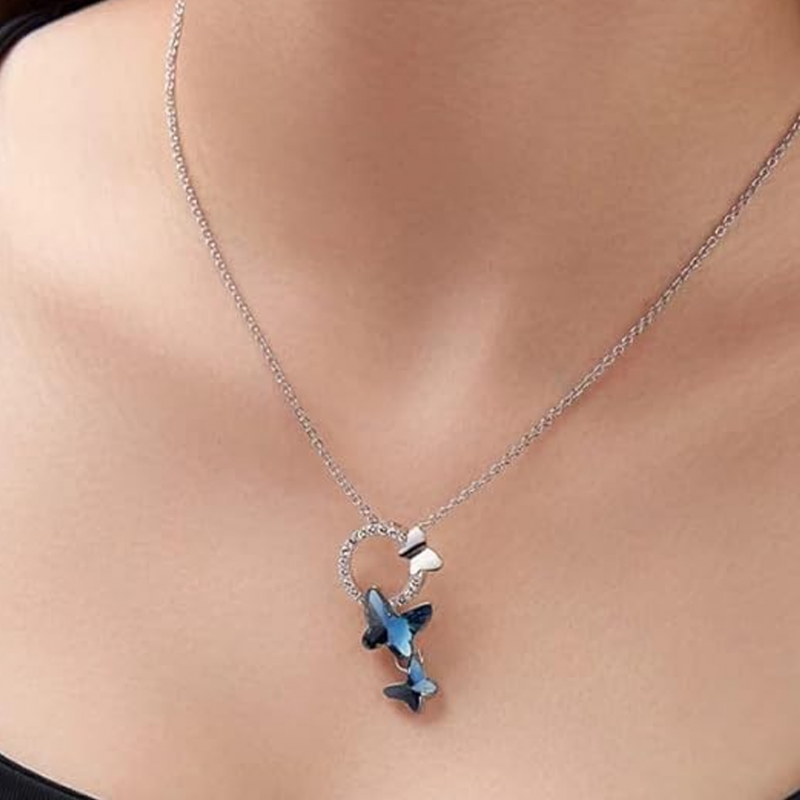 Platinum Plated Crystal Butterfly Earrings Chain Pendant Necklace Combo Jewellery Set for Women and Girls